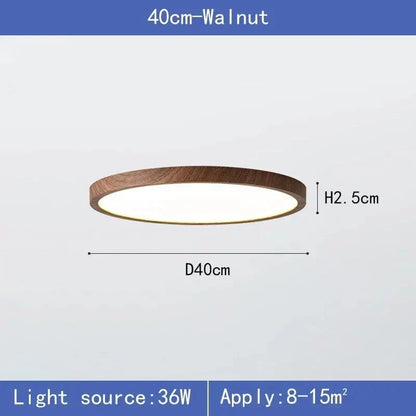Maßgrafik der Leuchte im Nussbaum-Holzton, 40 cm Durchmesser und 2,5 cm Höhe, mit Leistungs- und Flächenangabe. 10