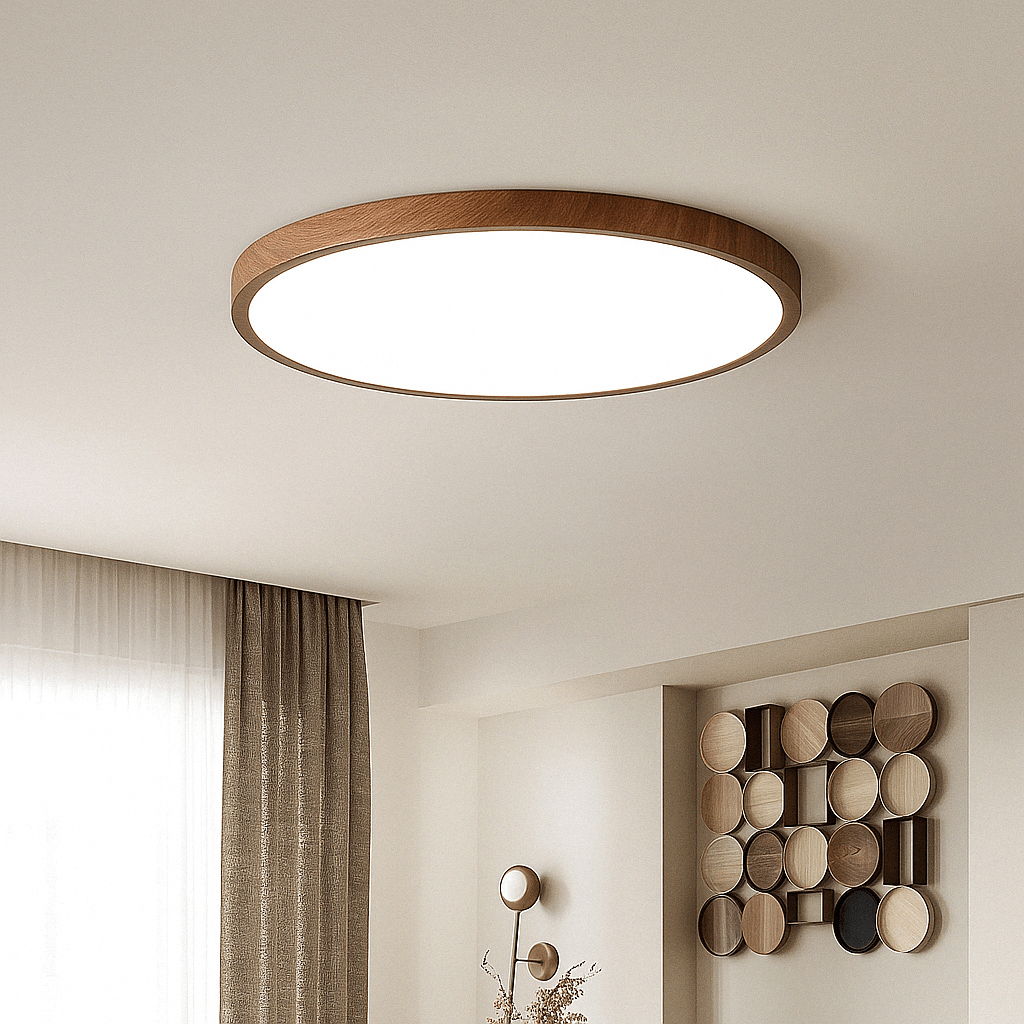 Große runde Leuchte mit mittelbraunem Holzrahmen an der Decke eines hellen Wohnraums mit Vorhang und Wanddeko. 11