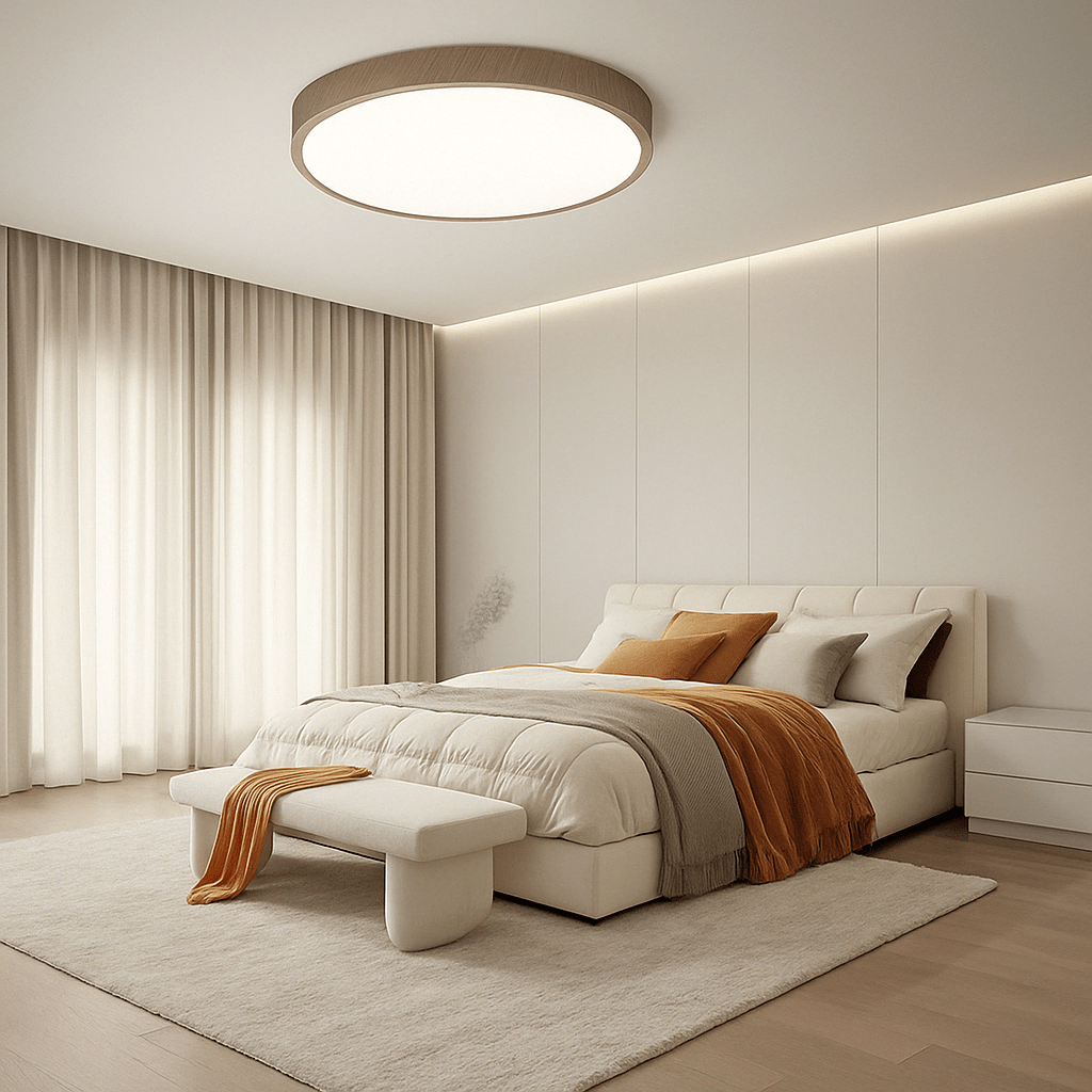 Runde Holzrahmen-Leuchte über einem Bett in einem hellen, cremefarbenen Schlafzimmer mit orangefarbener Decke und Teppich. 12