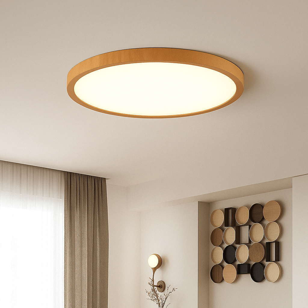 Eingeschaltete Leuchte mit hellem Holzrahmen und warmweißem Licht in einem Wohnraum mit Vorhang, Wandleuchte und runder Wanddeko. 14