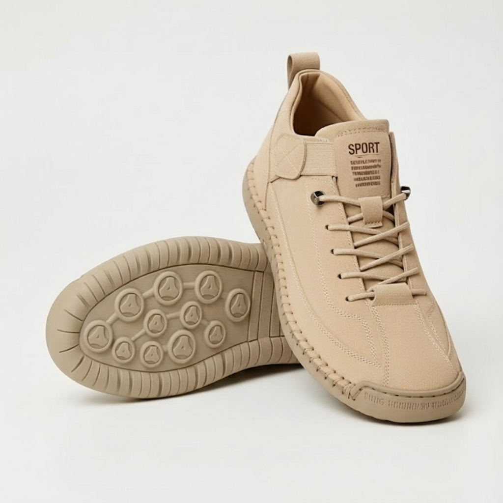 Beiger Sneaker aus Veloursleder-Optik mit Schnürung, daneben ein zweiter Schuh mit der profilierten Laufsohle nach oben, heller Hintergrund. 1
