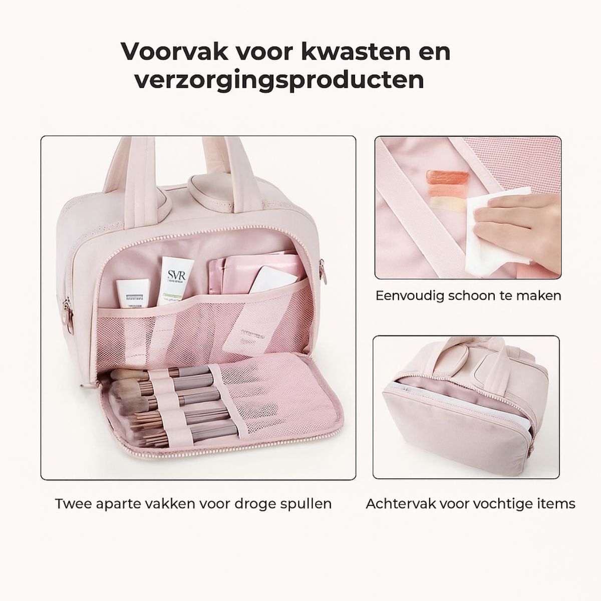 Infografik mit geöffnetem Vorderfach voller Make-up-Pinsel, abwischbarem Innenfutter und Rückfach für feuchte Sachen