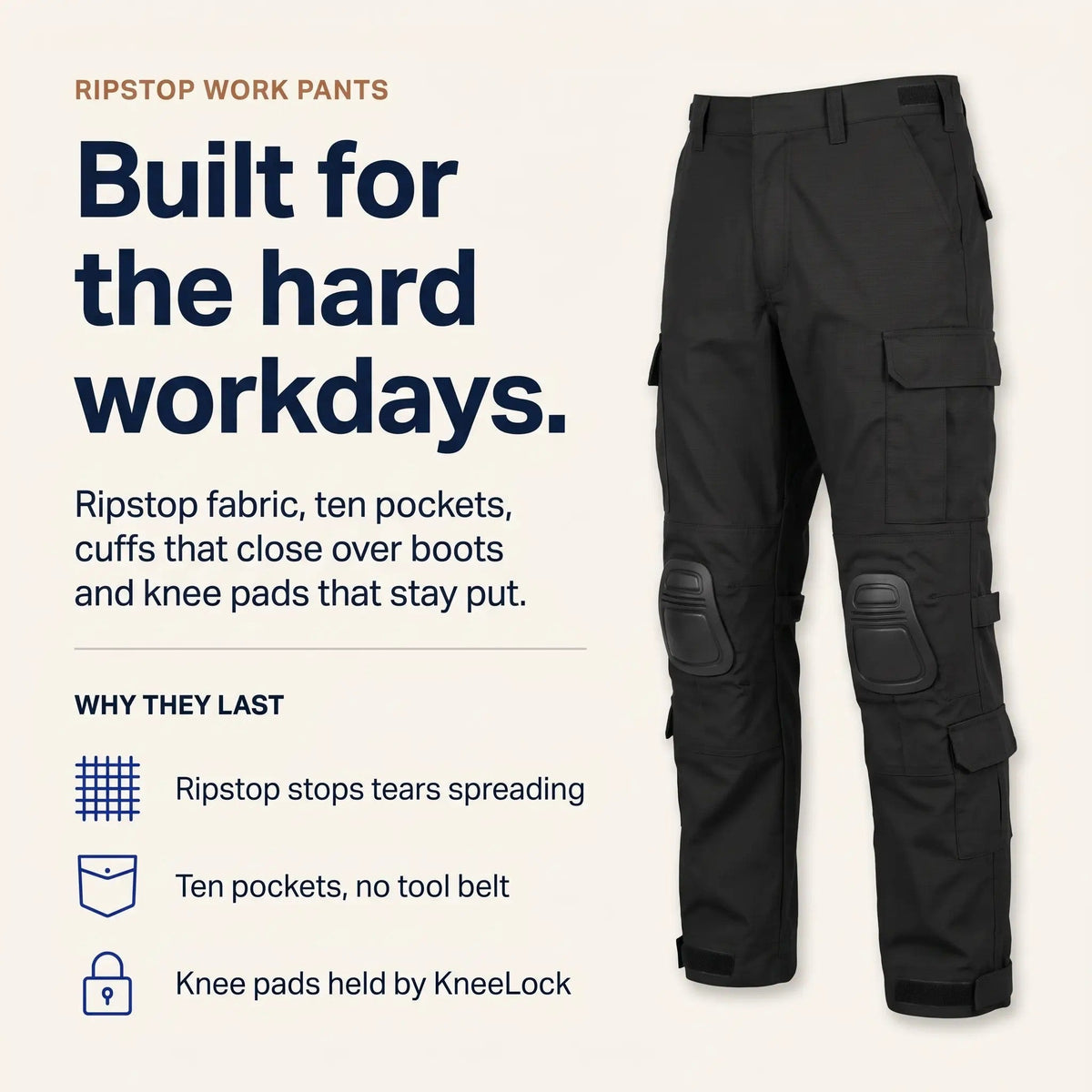 Infografik mit schwarzer Hose und Symbolen zu Ripstop-Gewebe, zehn Taschen und fest sitzenden Knieschonern für harte Arbeitstage. 4