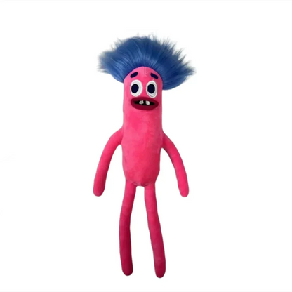 Rosa Stoffpuppe mit blauen Haaren, lustiges Design, Kinderplüschtier, Geschenkidee.