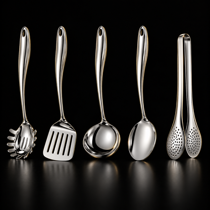 Fünfteiliges Set aus poliertem Edelstahl mit Spaghettilöffel, Pfannenwender, Schöpfkelle, Löffel und Zange vor schwarzem Hintergrund.