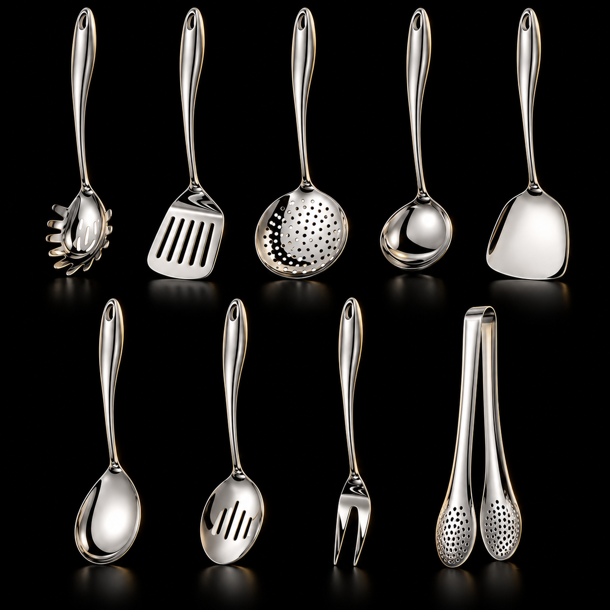Neunteiliges Set aus Edelstahl mit Spaghettilöffel, Wender, Schaumkelle, Kelle, Löffeln, Gabel und Zange vor schwarzem Hintergrund.