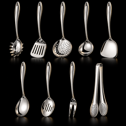 Neunteiliges Set aus Edelstahl mit Spaghettilöffel, Wender, Schaumkelle, Kelle, Löffeln, Gabel und Zange vor schwarzem Hintergrund.