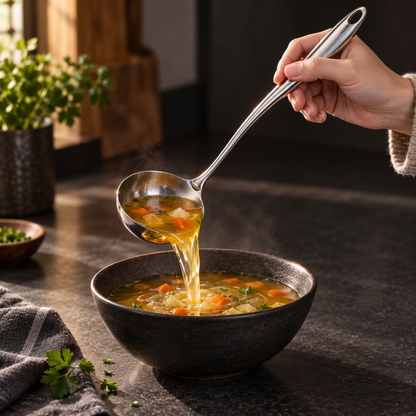Hand füllt mit der Edelstahlkelle dampfende Gemüsesuppe in eine dunkle Schale.