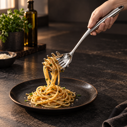 Edelstahl-Spaghettilöffel hebt Spaghetti mit Kräutern über einem dunklen Teller an, gehalten von einer Hand.