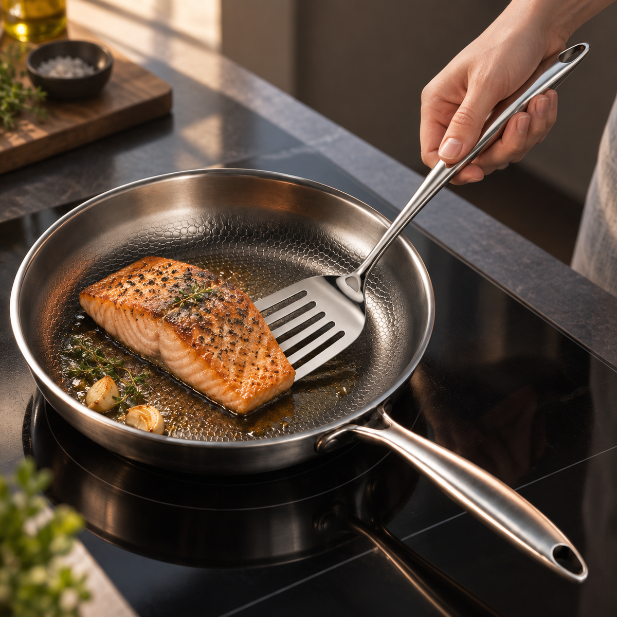 Hand wendet mit dem geschlitzten Edelstahl-Pfannenwender ein gebratenes Lachsfilet mit Knoblauch und Kräutern in der Pfanne.