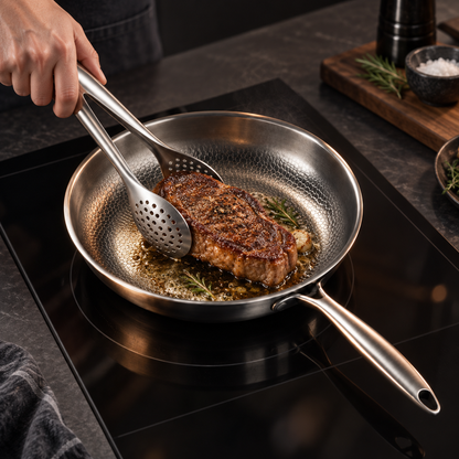 Hand wendet mit der gelochten Edelstahlzange ein gebratenes Steak in einer Edelstahlpfanne auf dem Induktionsherd.
