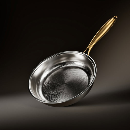 Von Hand gehämmerte Titan-Bratpfanne in Silber mit goldfarbenem Griff, schräg vor dunklem Hintergrund.
