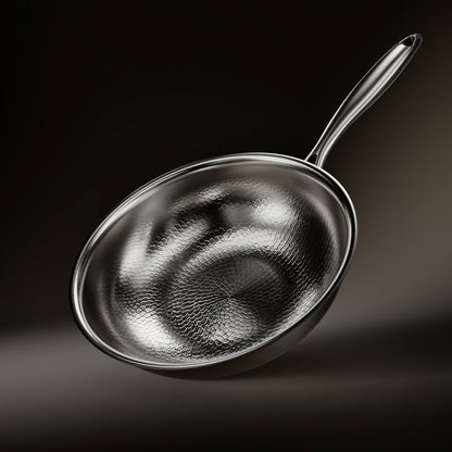 Wokpfanne aus Titan mit gehämmerter Innenfläche und langem Metallgriff, schräg von oben vor dunklem Hintergrund