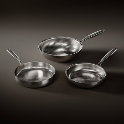Drei Pfannen mit gehämmerter Innenfläche und Edelstahlgriffen, eine tiefe Pfanne, ein Wok und eine flachere Pfanne auf dunklem Hintergrund.