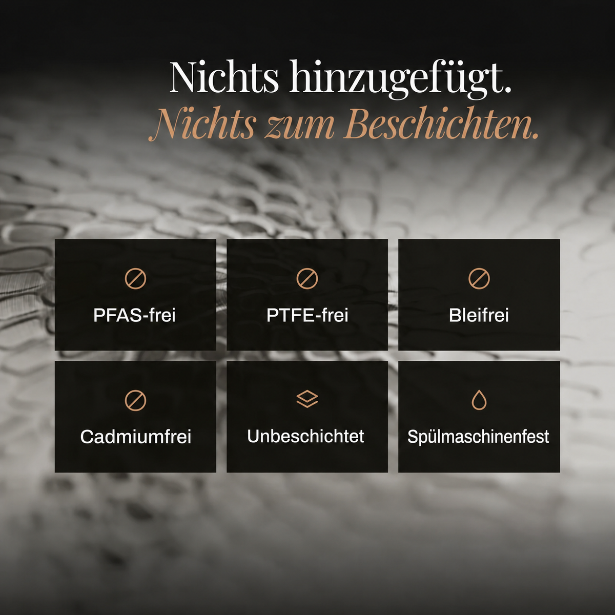Grafik mit Merkmalen der Wokpfanne: frei von PFAS, PTFE, Blei und Cadmium, unbeschichtet, spülmaschinenfest