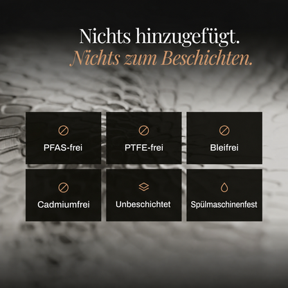 Grafik mit sechs Eigenschaften der Titan-Bratpfanne, darunter frei von PFAS, PTFE, Blei und Cadmium.