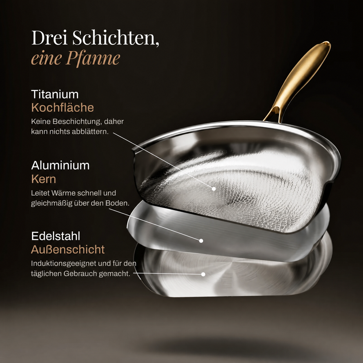 Detail der Titan-Bratpfanne mit aufgeschnittener Explosionsgrafik der drei Schichten.