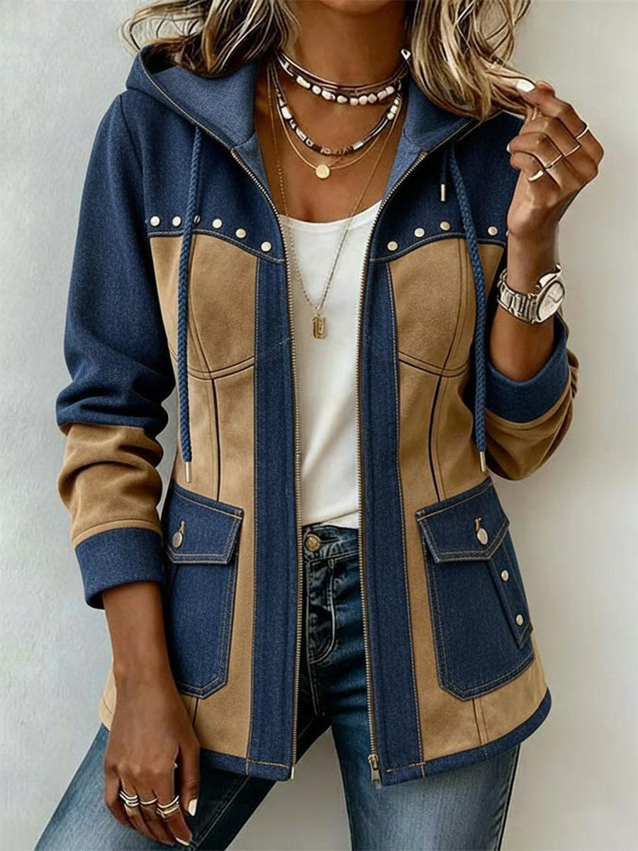 Damen-Kapuzenjacke aus Denim und Leder in Blau und Braun mit Klappentaschen und Nieten