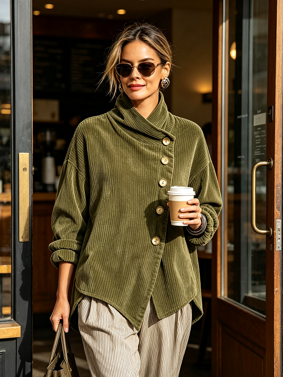 Frau im olivgrünen Damen Cord-Sweater mit schräger Knopfleiste vor einer Café-Tür