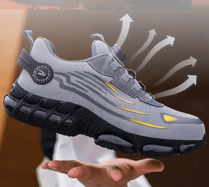 Grauer Schuh mit gelben Streifen schwebt über einer Hand, Pfeile deuten die Luftzirkulation an 6