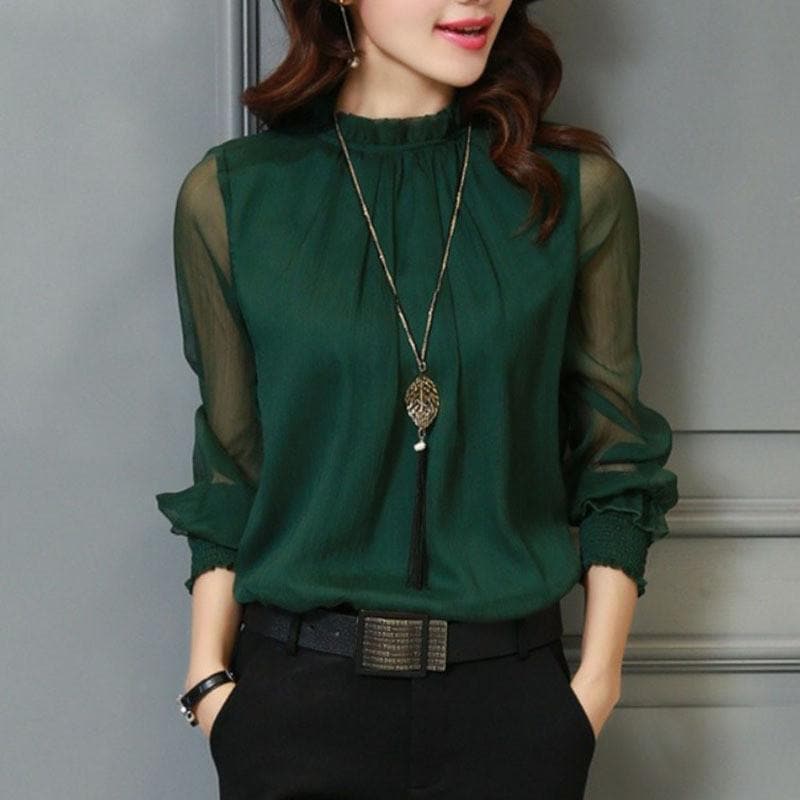 Stilvolle Damen Chiffonbluse mit Rüschen & transparenten Ärmeln – Herbstzauber Elina