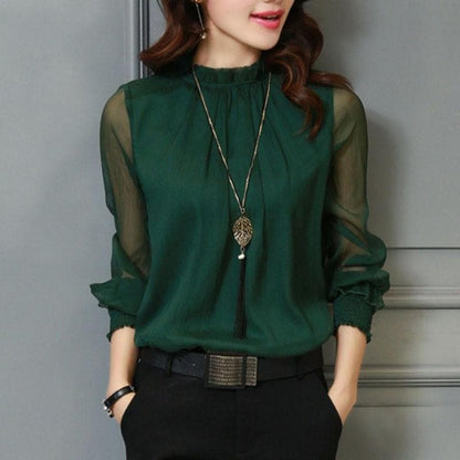 Stilvolle Damen Chiffonbluse mit Rüschen & transparenten Ärmeln – Herbstzauber Elina