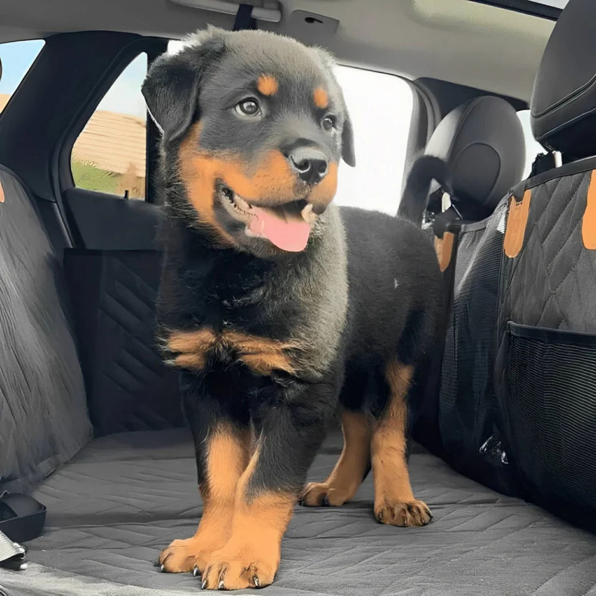 Rottweiler-Welpe auf der grauen Auflage im Auto mit Seitentasche.