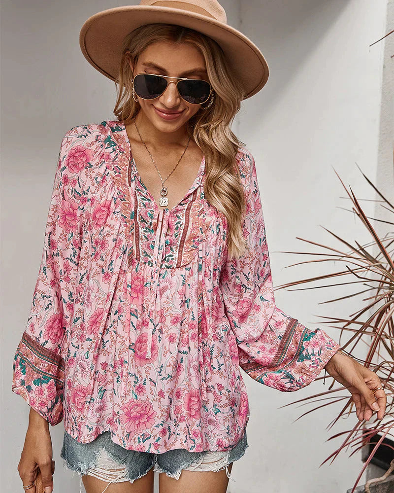 Vintage Boho Herbstbluse mit Blumenprint und langen Ärmeln – Sana