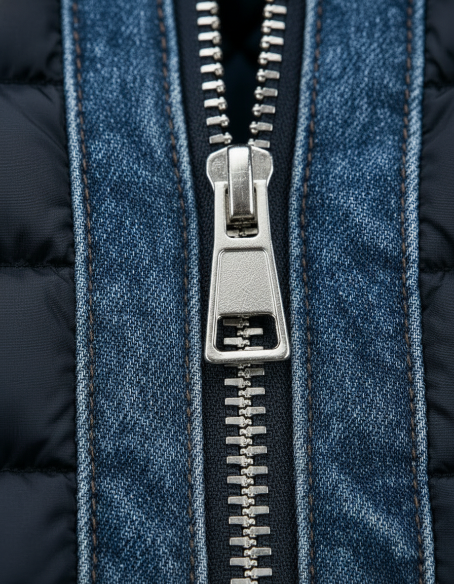 Detail der blauen Herrenjeansjacke mit silbernem Reißverschluss und brauner Ziernaht
