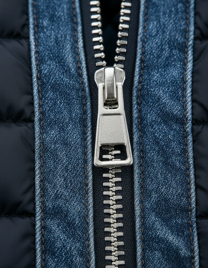 Detail der blauen Herrenjeansjacke mit silbernem Reißverschluss und brauner Ziernaht