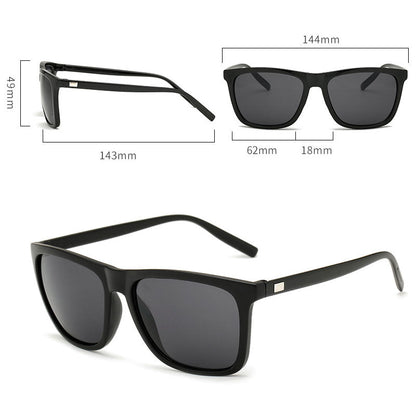 Maßübersicht der schwarzen Sonnenbrille mit Angaben zu Breite, Höhe, Bügellänge und Stegweite, dazu Schrägansicht 4