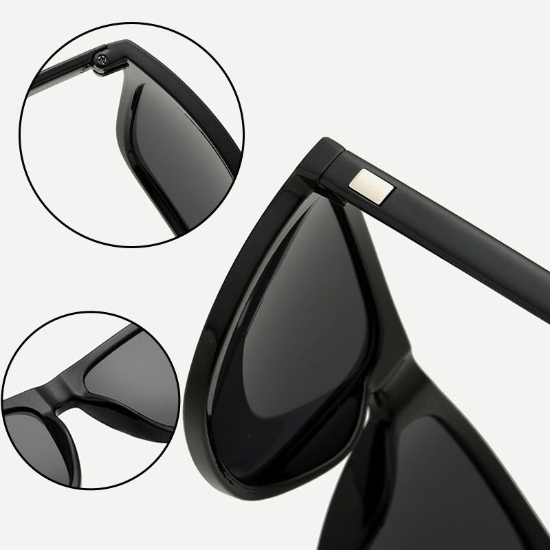 Detailaufnahmen von Scharnier, Nasensteg und metallischem Zierelement am Bügelansatz der schwarzen Brille 6