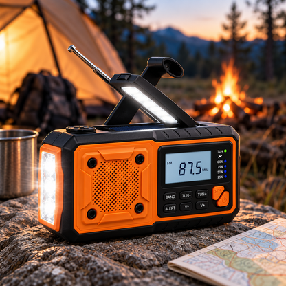 Leuchtendes Radio steht bei Dämmerung auf einem Felsen am Lagerfeuer, neben Zelt, Rucksack, Becher und Landkarte 2