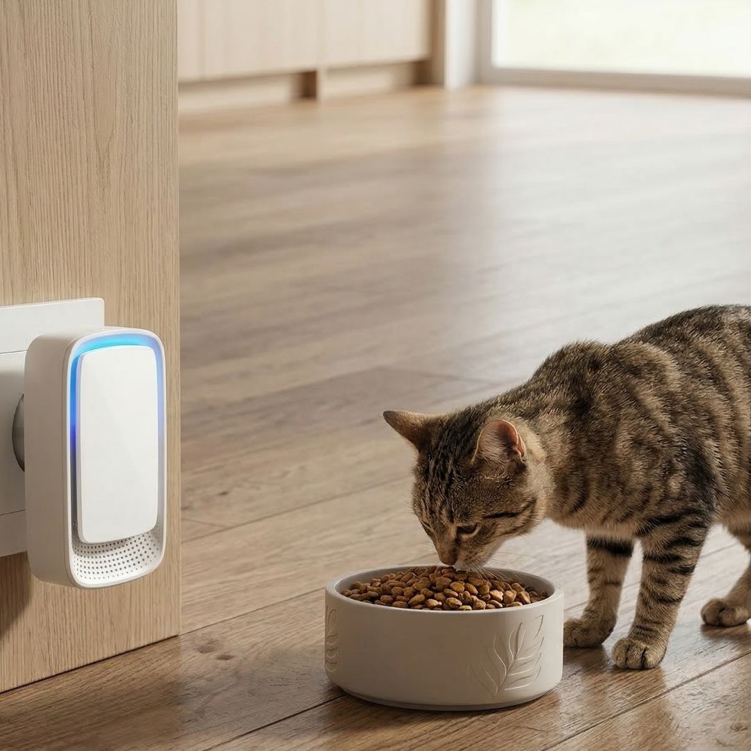 Das Gerät steckt in der Steckdose, daneben frisst eine getigerte Katze aus einem Napf 6