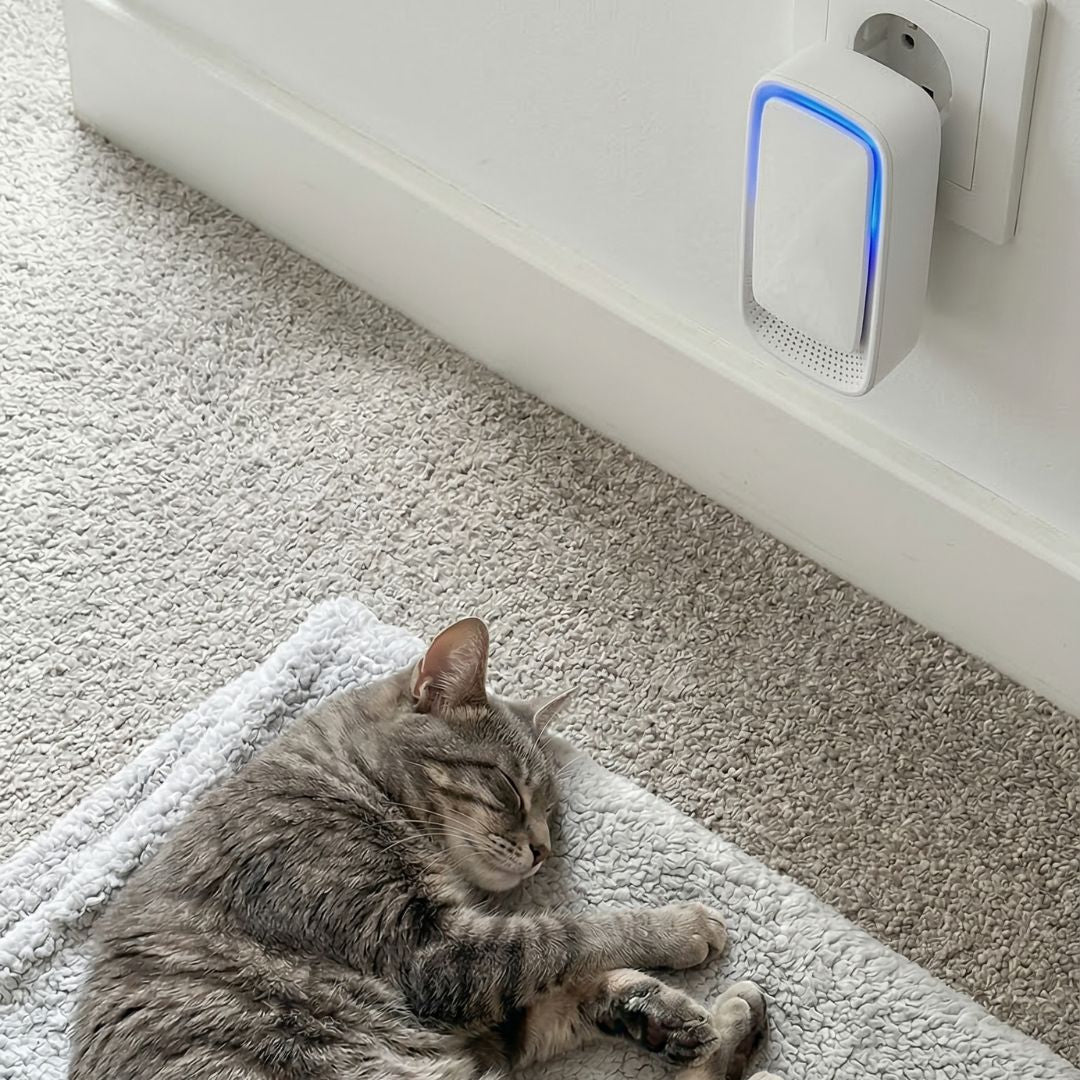 Eine graue Katze schläft auf einer Decke unter dem eingesteckten Gerät mit blauem Leuchtrand 4