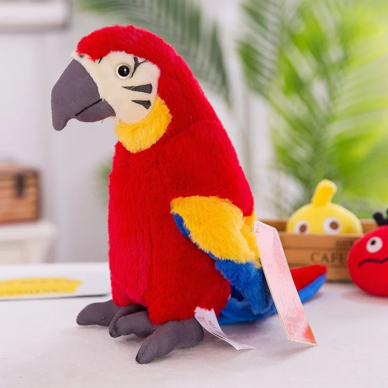Roter Plüschpapagei Spielzeug, bunt, weiches Material, Kinderzimmer Dekoration.