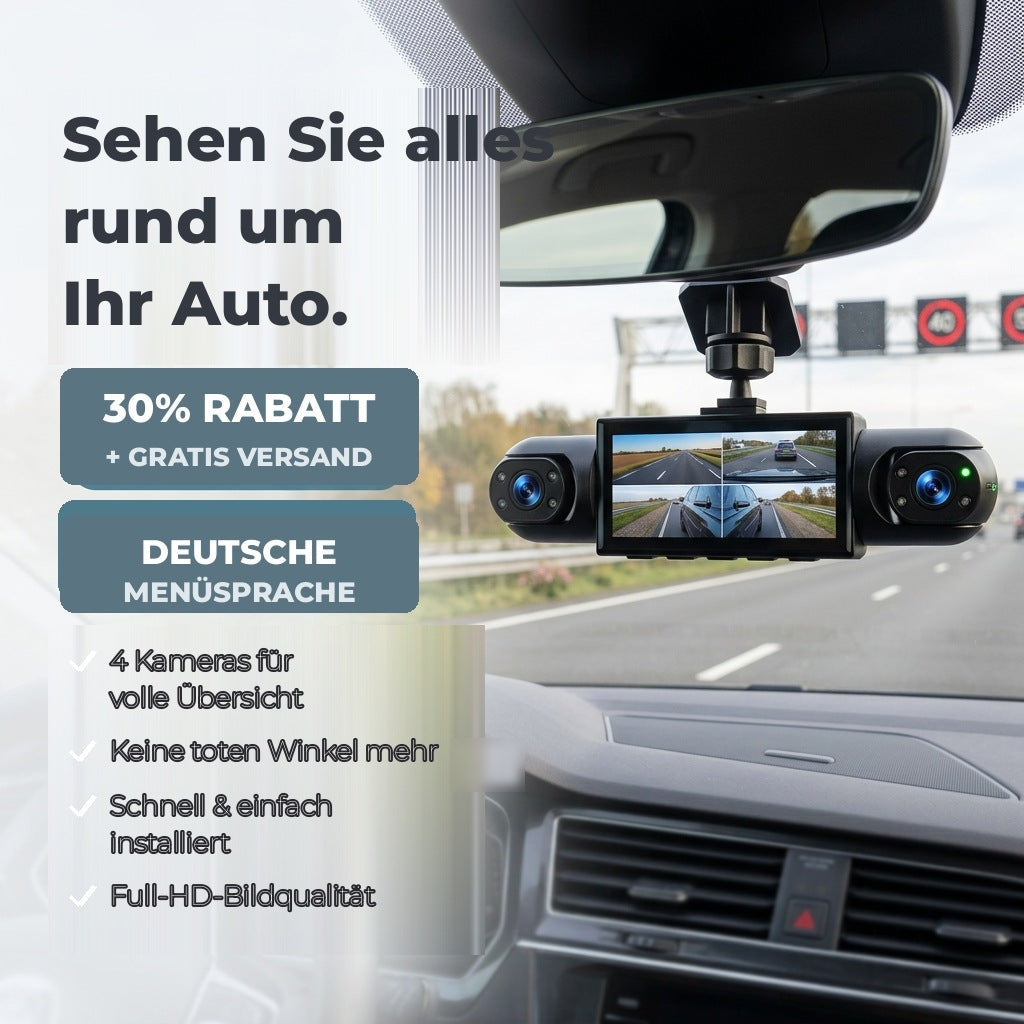 4-Kanal-Dashcam mit geteiltem Bildschirm und zwei Linsen an der Frontscheibe unter dem Innenspiegel