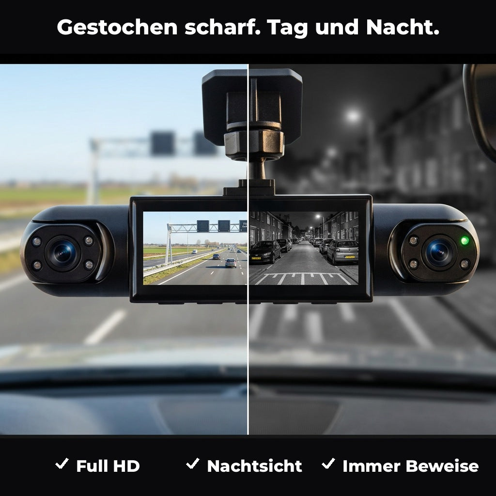 4-Kanal-Dashcam als Nahaufnahme mit Tagesaufnahme und Nachtsicht auf dem Display