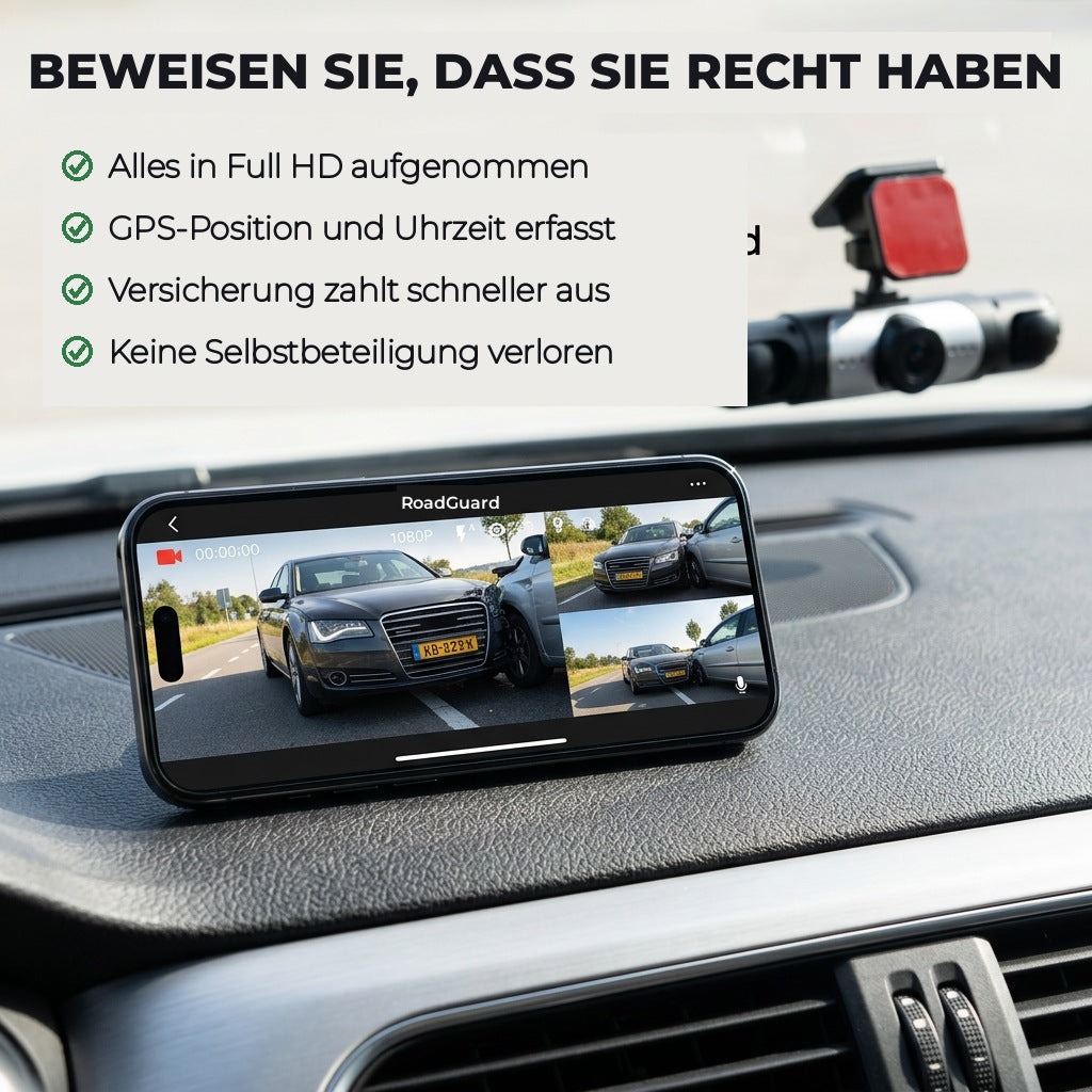 4-Kanal-Dashcam mit Smartphone auf dem Armaturenbrett und Aufnahme eines Auffahrunfalls