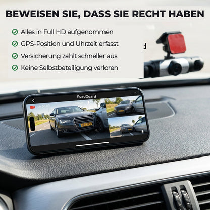 4-Kanal-Dashcam mit Smartphone auf dem Armaturenbrett und Aufnahme eines Auffahrunfalls