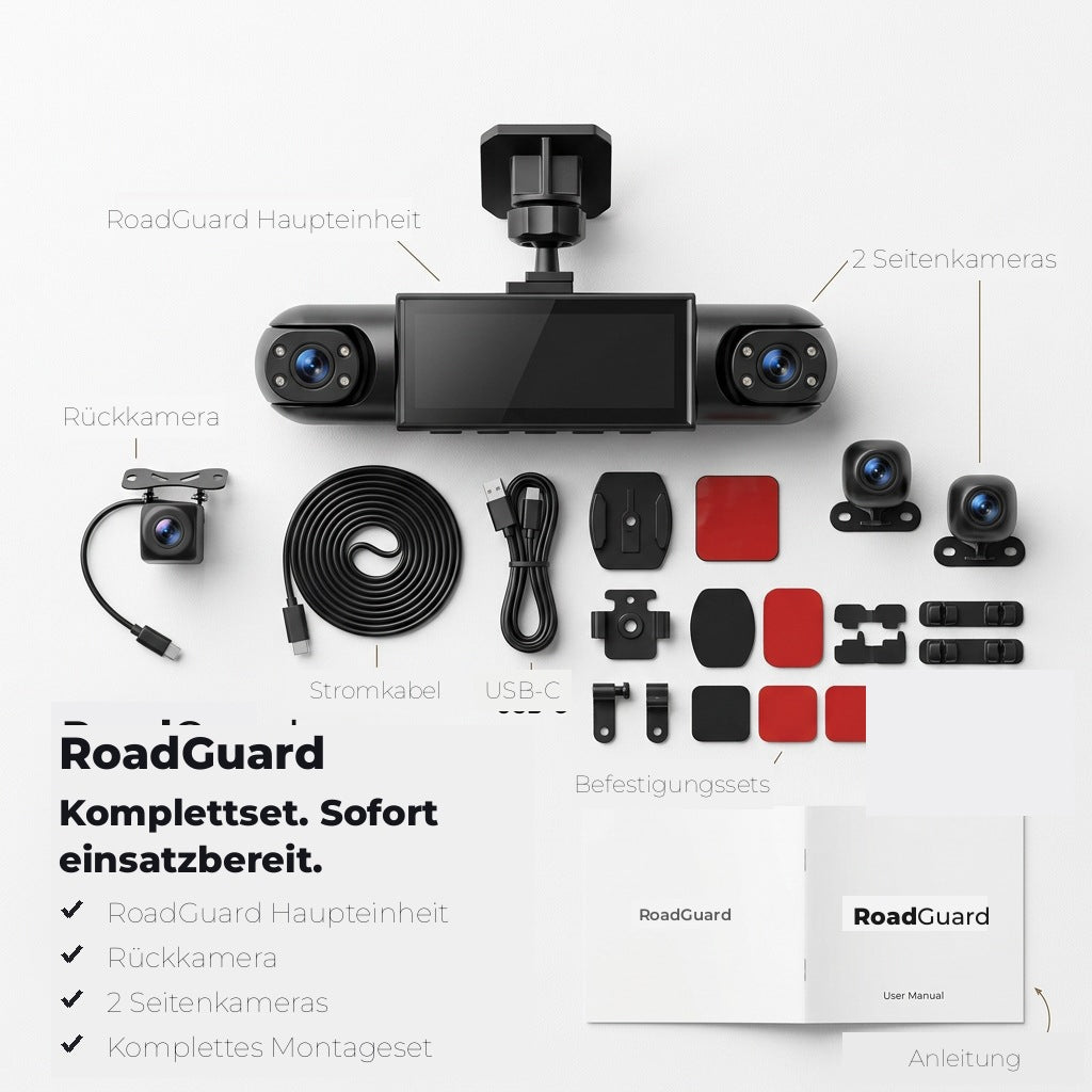 4-Kanal-Dashcam im Lieferumfang mit Haupteinheit, Rückkamera, zwei Seitenkameras, Kabeln und Halterungen
