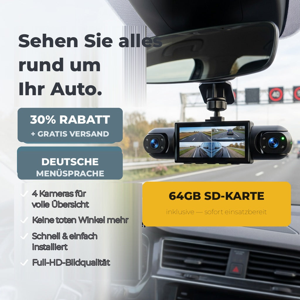 4-Kanal-Dashcam unter dem Innenspiegel mit Vierfach-Bildschirm und mitgelieferter SD-Karte