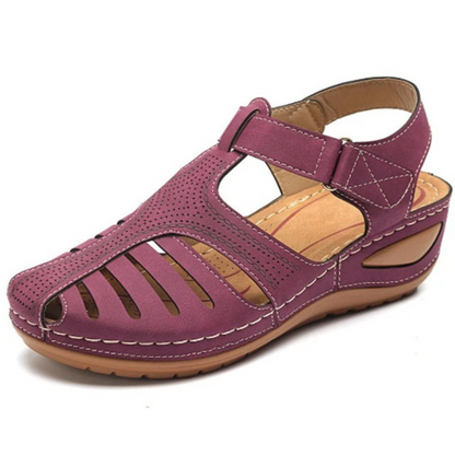 Weinrote römische Sandalen, Damen, Leder, Sommerschuhe, bequem, modisch, Freizeit.