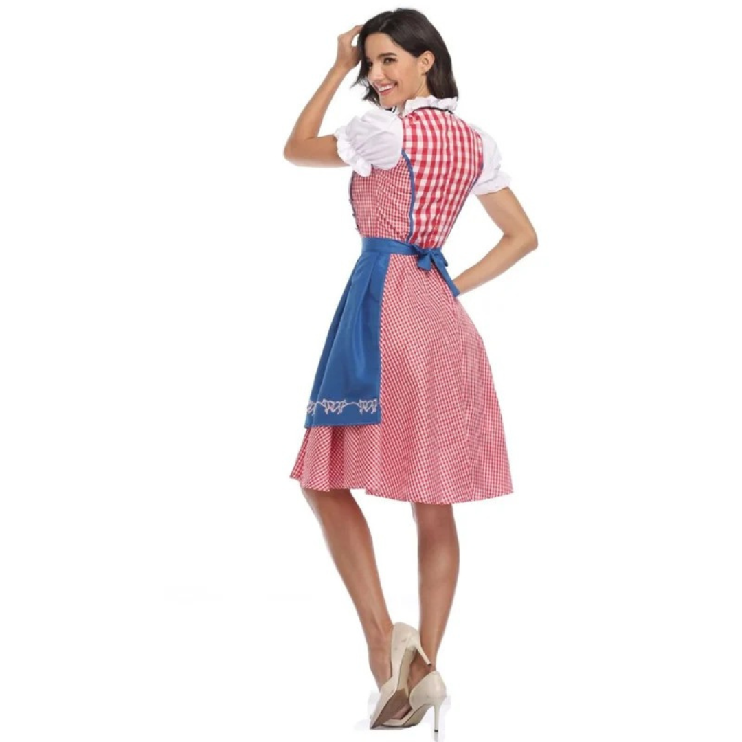 Rückansicht des rosa karierten Dirndls mit blauer Schürze und Schleife am Rücken