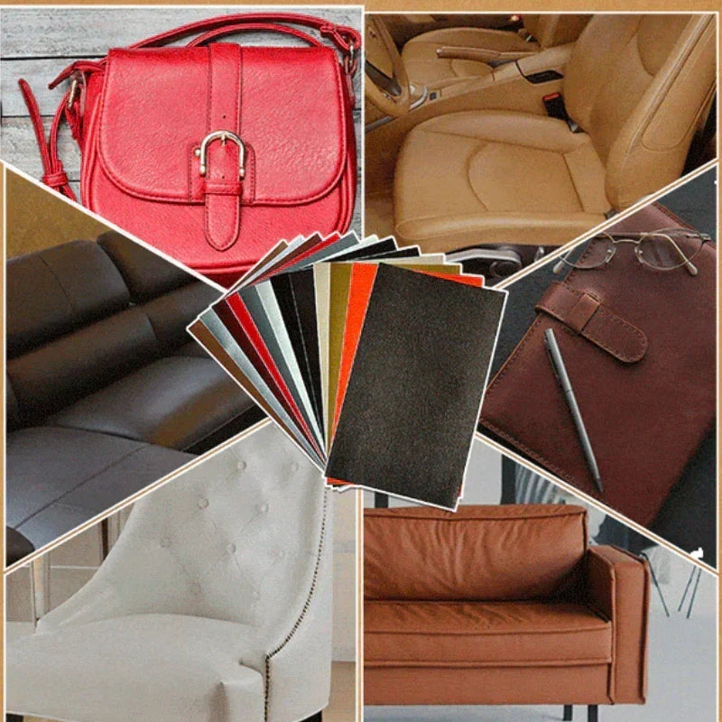 Selbstklebender Lederreparaturflicken in einer Collage mit Handtasche, Autositz, Sofa und Stuhl.