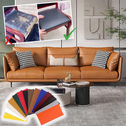 Selbstklebender Lederreparaturflicken in vielen Farben vor einem reparierten Stuhlsitz und einem Ledersofa.