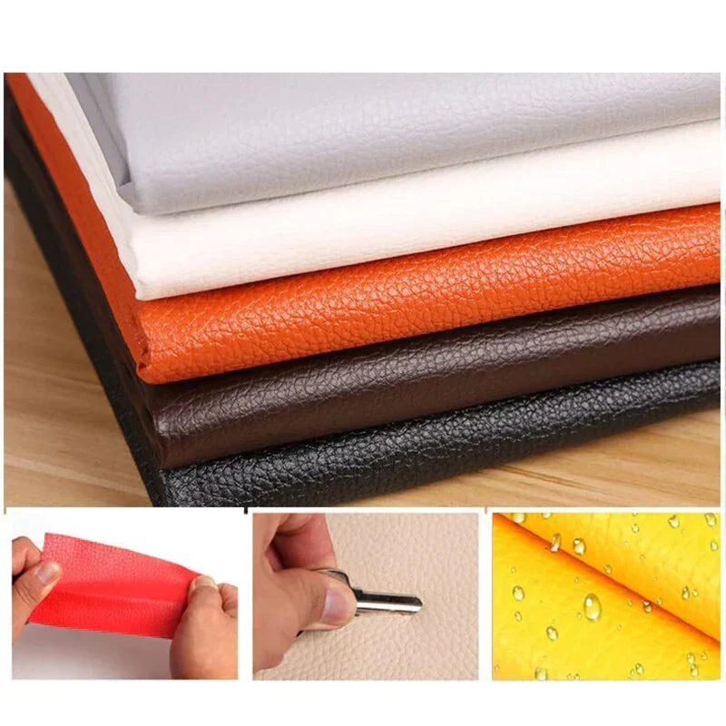 Selbstklebender Lederreparaturflicken in Grau, Weiß, Orange, Braun und Schwarz mit Materialdetails.