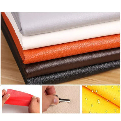 Selbstklebender Lederreparaturflicken in Grau, Weiß, Orange, Braun und Schwarz mit Materialdetails.