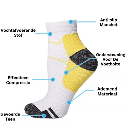 Weiße Sportsocke mit gelben und schwarzen Details, atmungsaktiv, feuchtigkeitsableitend, rutschfest.