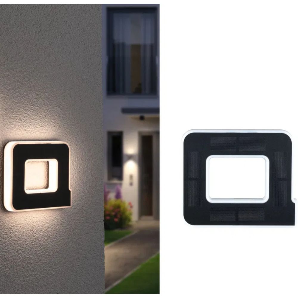 Solarbeleuchtete Hausnummer mit Buchstabe A, links leuchtend an der Hauswand, rechts freigestellt